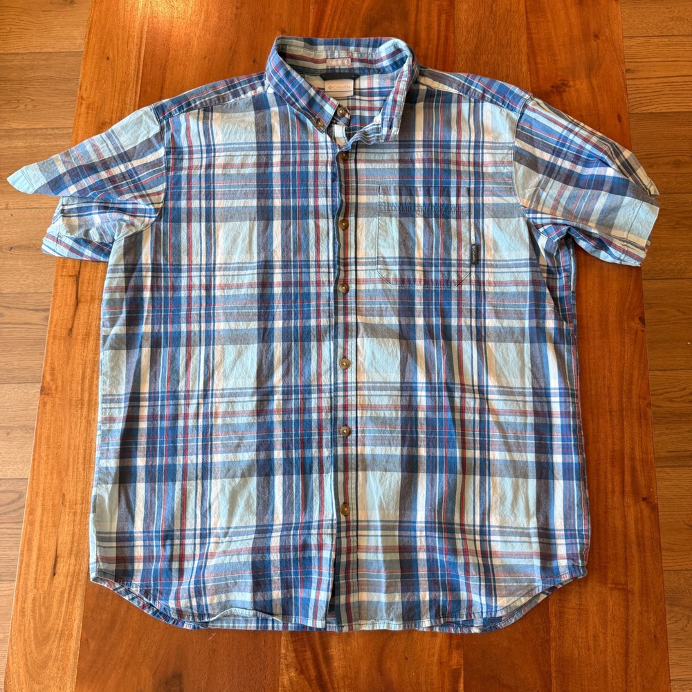 Columbia Men's Red/White/Blue Plaid‎ Short Sleeve Button Up Size XL